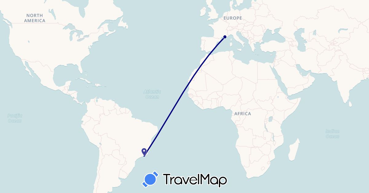 TravelMap itinerary: driving in Brazil, France (Europe, South America)